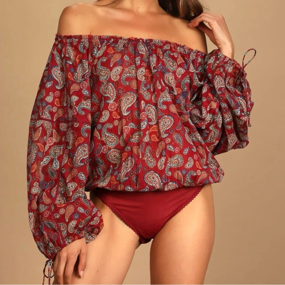 NWOT Free People Sundown Paisley Off Shoulder Bodysuit Red Vintage Combo XS/S